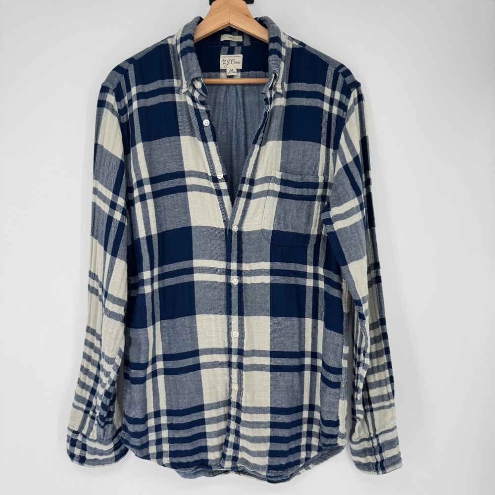 J.Crew Flannel Shirt M Blue White Plaid Cotton Slim Fit Preppy Coastal